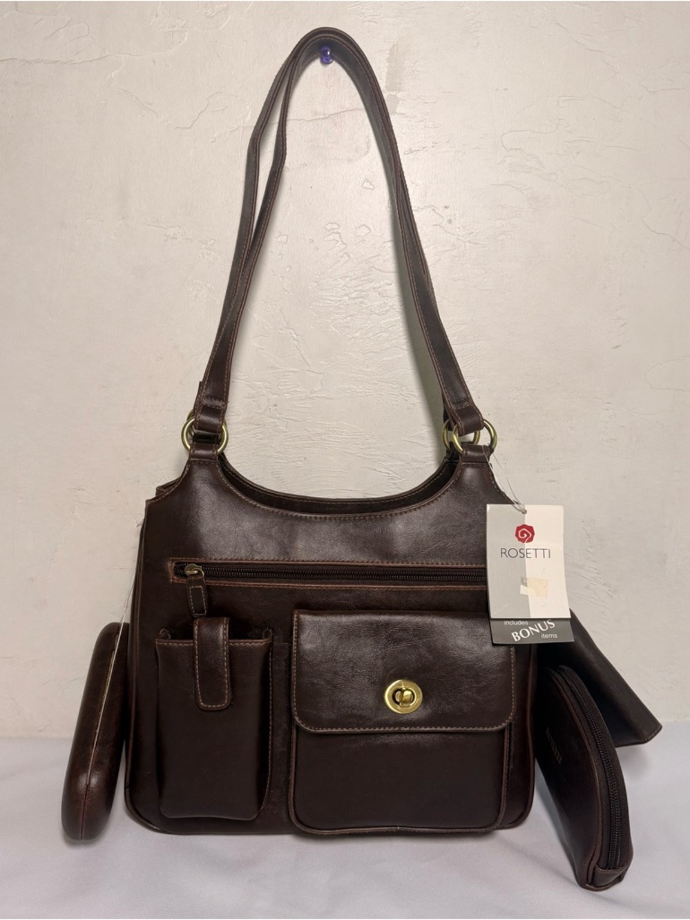 Rosetti Dark Brown Leatherette Shoulder Bag and Bonus Accessories